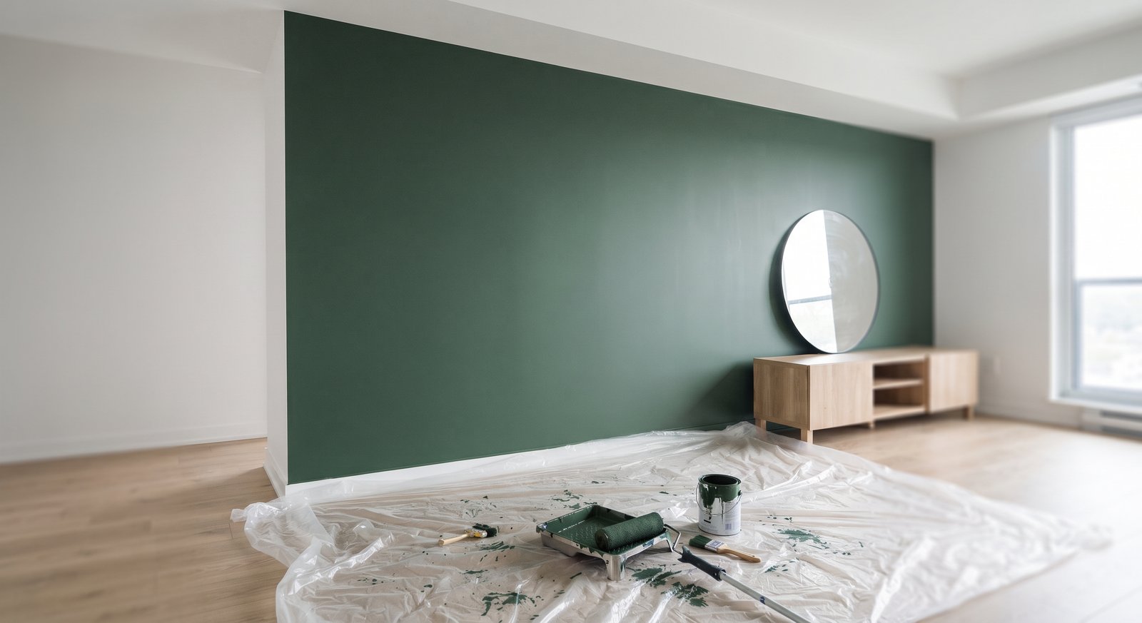 Feature wall being painted in a deep colour