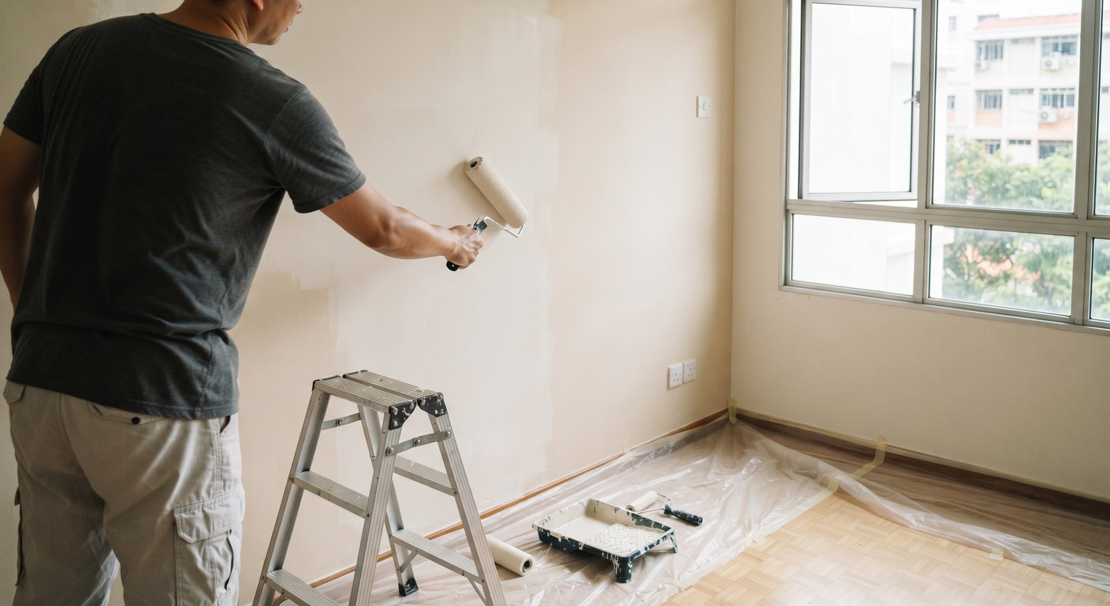 Painter rolling paint onto an interior wall
